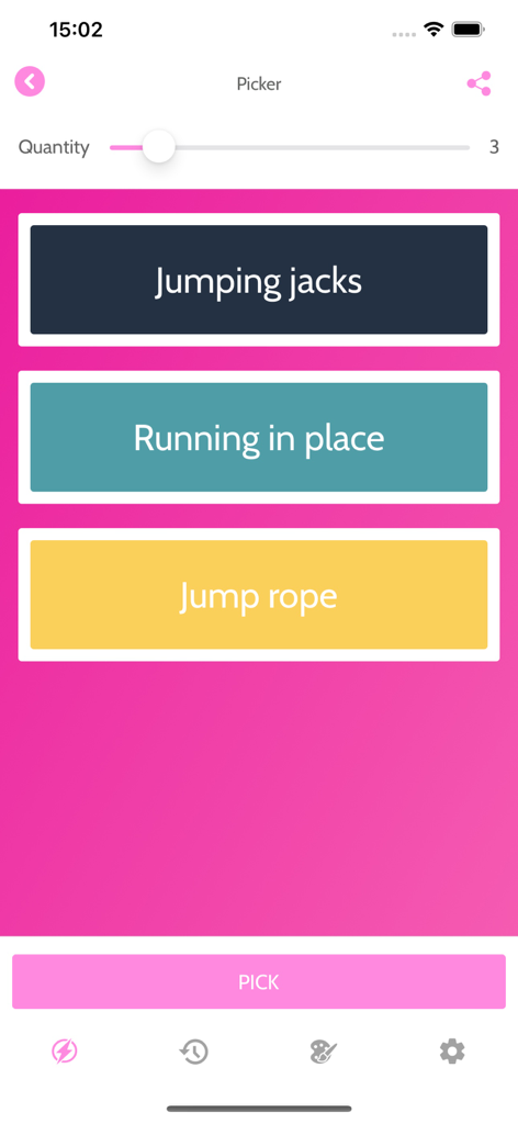 Random: Wheel & Randomizer - Screenshot of the Random app picker interface showing selected workout options like jumping jacks and running in place.