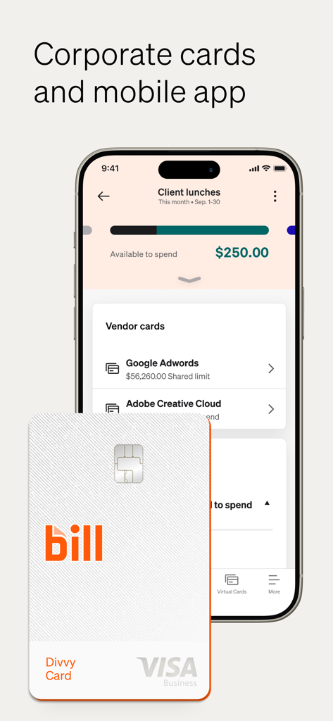 BILL Spend and Expense mobile app interface displaying budget tracking next to a physical corporate visa card.