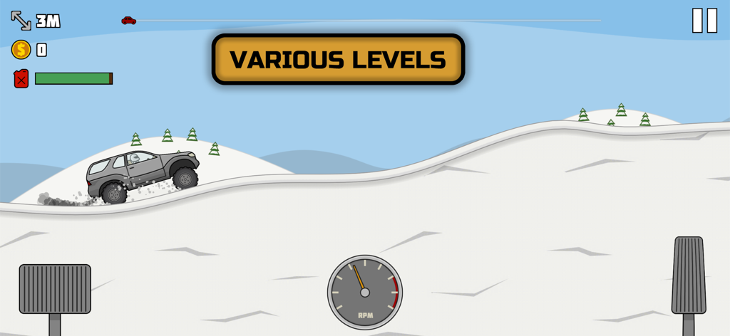 A grey SUV driving on a snowy mountain track in the All Terrain Hill Trials Race game