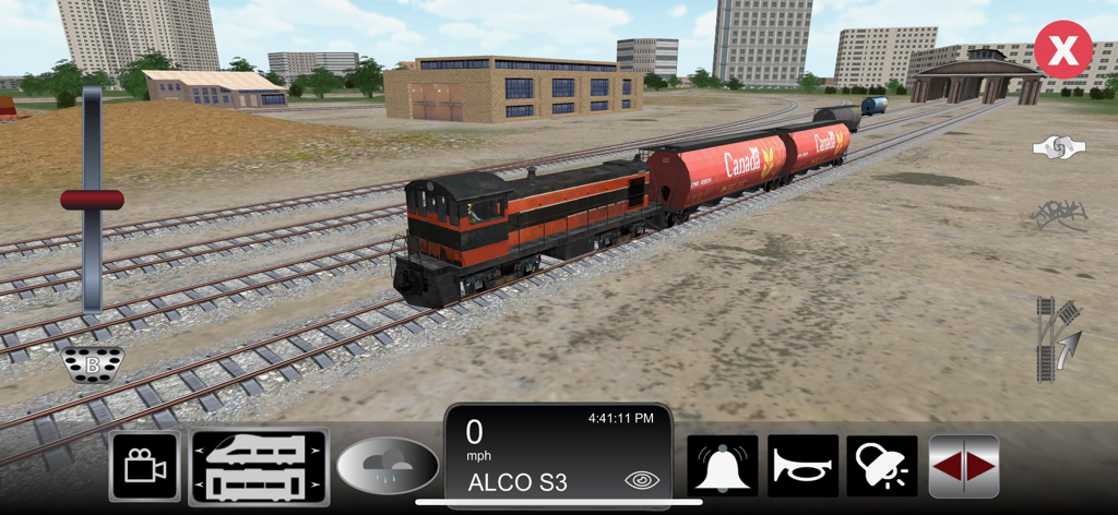 Train Sim Pro - Train Sim Pro gameplay showing an ALCO S3 locomotive pulling red freight cars in a 3D environment.