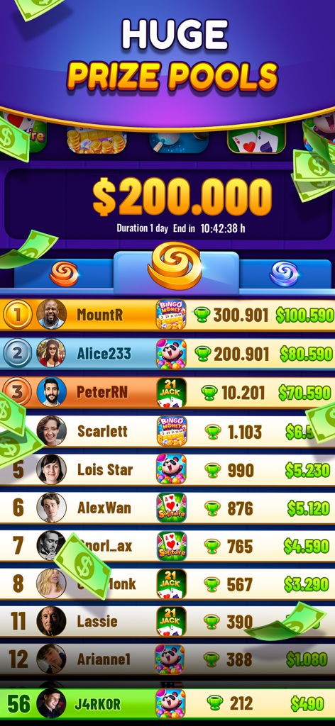 Solitaire Real Cash game leaderboard showing player rankings and cash prizes