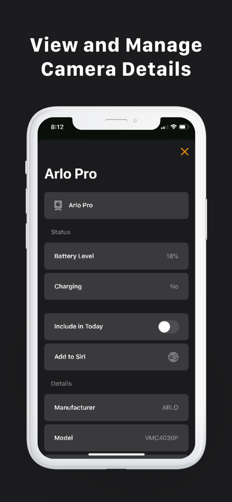 Interface showing camera details for Arlo Pro including battery level and model information in the HomeCam app
