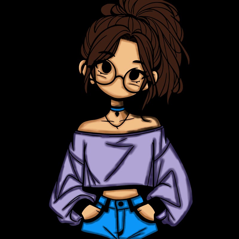 girl with a messy ponytail glasses a baggy crop top and jean shorts