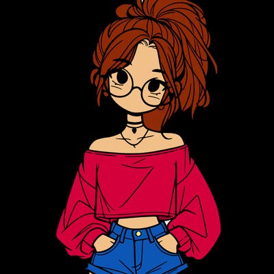 girl with a messy ponytail glasses a baggy crop top and jean shorts