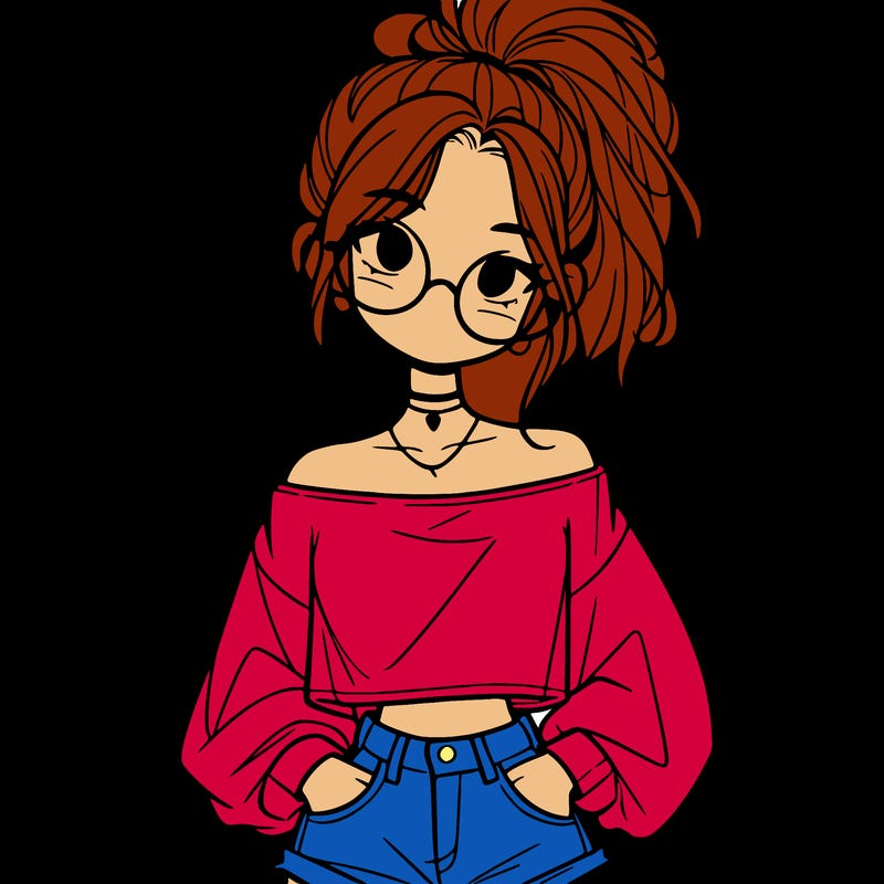 girl with a messy ponytail glasses a baggy crop top and jean shorts