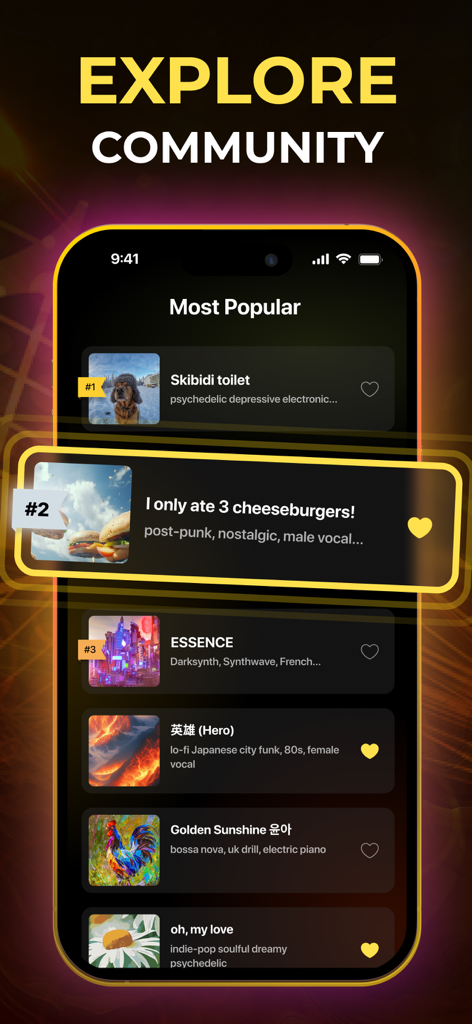 Music AI - Song Generator App - 앱 커뮤니티에서 만든 인기 AI 생성 노래 피드를 보여주는 모바일 화면