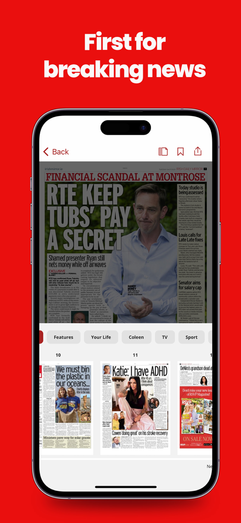 L'interface de l'application Irish Mirror Newspaper montrant les gros titres des dernières nouvelles et des aperçus de pages sur un smartphone.