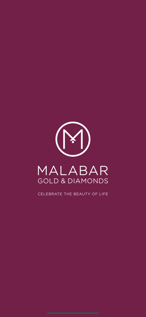 Malabar Gold and Diamonds app splash screen with brand logo and slogan