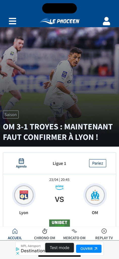 Home screen of the Le Phoceen mobile app featuring Olympique de Marseille news and an upcoming match against Lyon