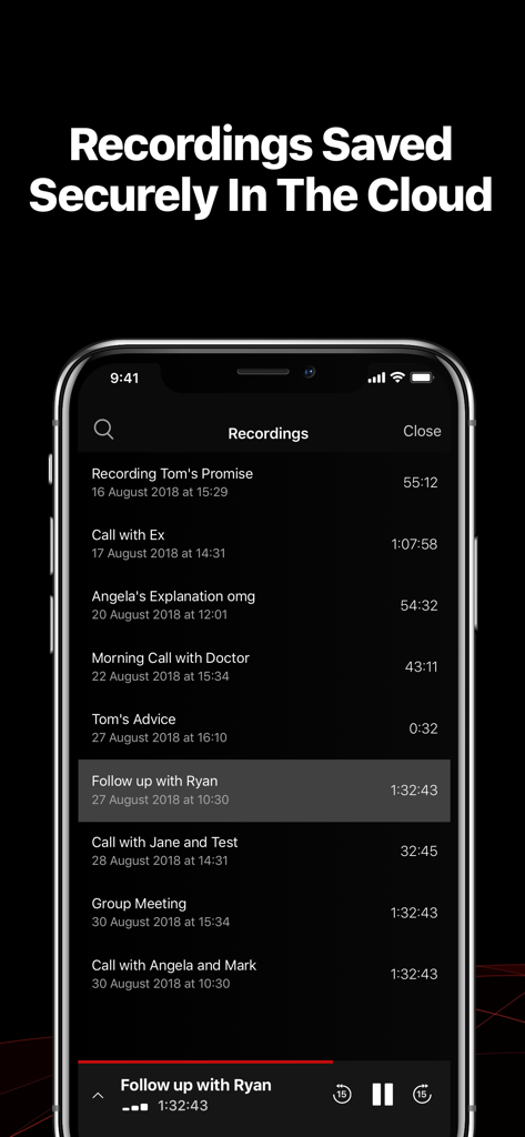 TapeACall Pro: Call Recorder - A list of call recordings saved securely in the cloud within the TapeACall Pro app interface