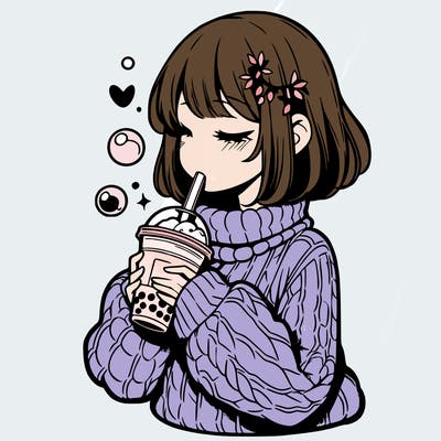 manga girl drinking boba in cozy sweater