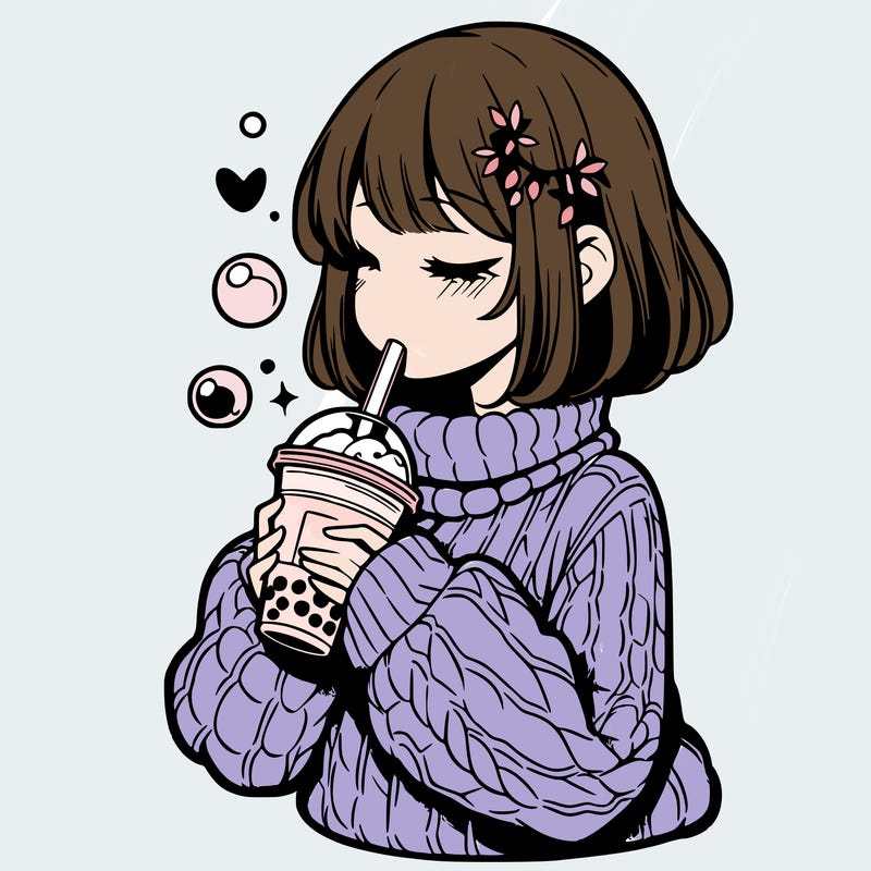 manga girl drinking boba in cozy sweater