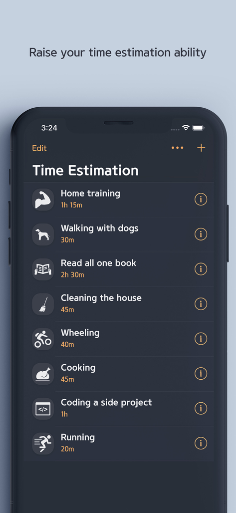Hourglass - Time Estimation - A list of daily activities like cooking and running with their estimated durations in the Hourglass app interface.