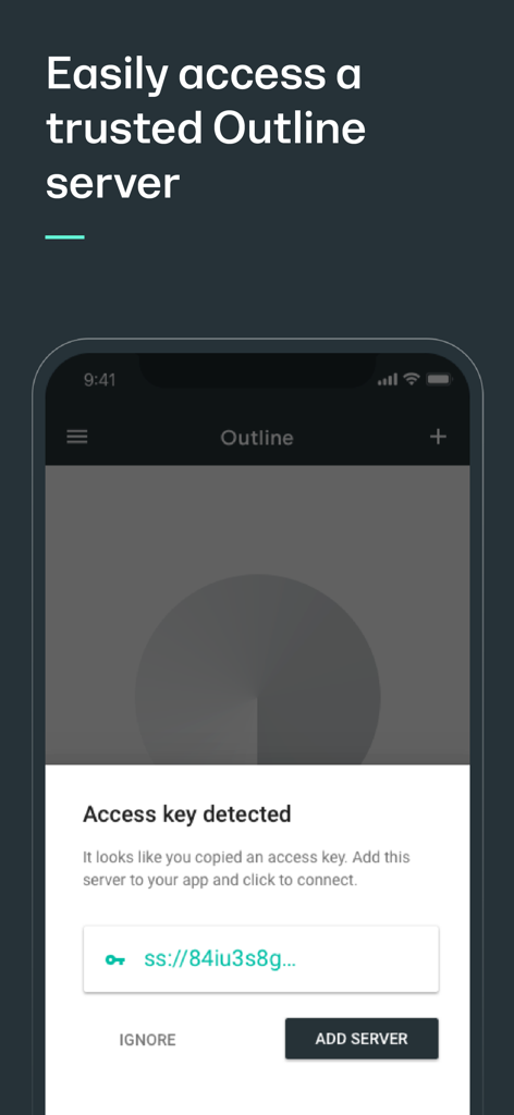 Interface de l'application Outline affichant une notification de détection de clé d'accès pour ajouter un serveur VPN de confiance