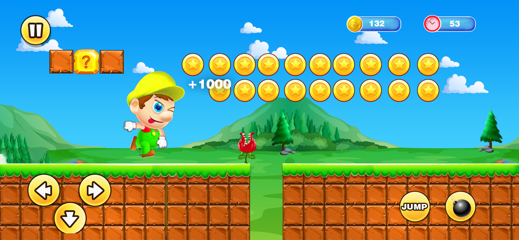 Bob World: Super Bro Run Game - Side-scrolling platformer gameplay showing a character collecting gold coins in a green hills environment with a carnivore plant enemy