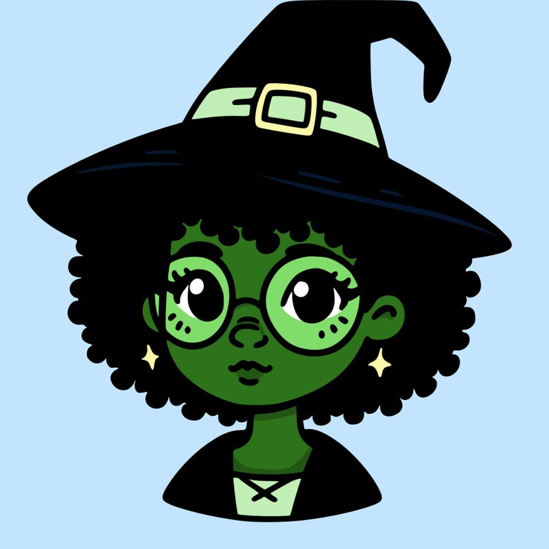 a black person who is a witch and has glasses