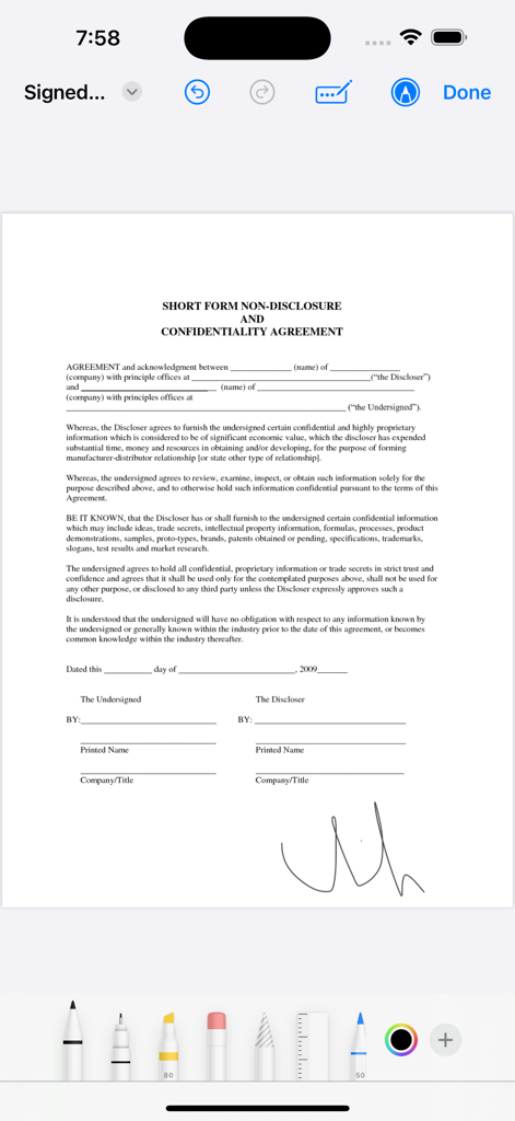Sign Now: Scan & Sign PDF - Mobile app interface showing a signed non-disclosure agreement with drawing tools at the bottom