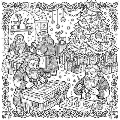Step into the magical world of Dwarf Runesmiths as they prepare for a festive Christmas! This intricate coloring page invites you to bring vibrant life to their yuletide workshop, adorned with enchanting holiday decorations and ancient runic artistry.