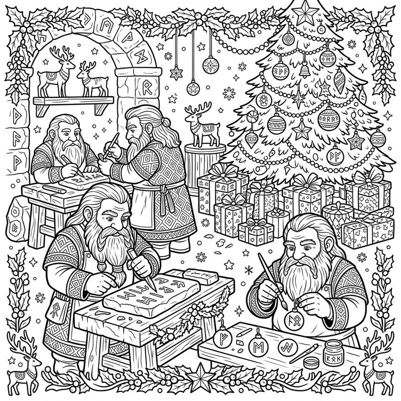 Step into the magical world of Dwarf Runesmiths as they prepare for a festive Christmas! This intricate coloring page invites you to bring vibrant life to their yuletide workshop, adorned with enchanting holiday decorations and ancient runic artistry.