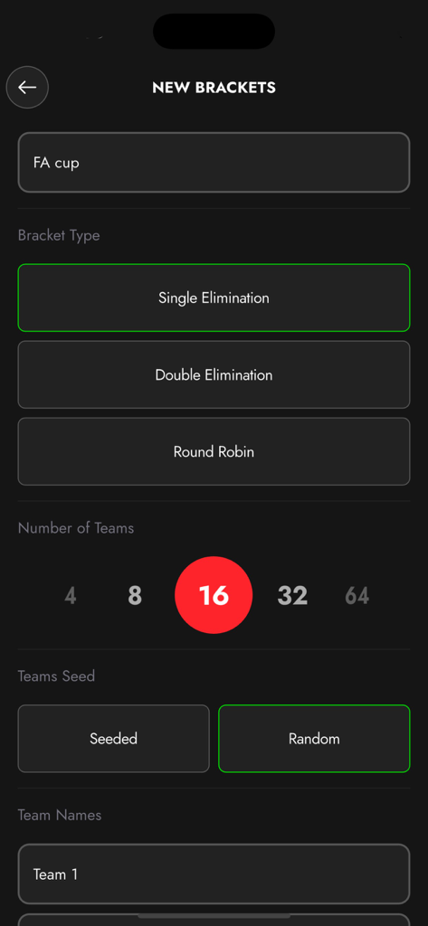Mobile interface showing the setup of a new 16 team single elimination tournament bracket