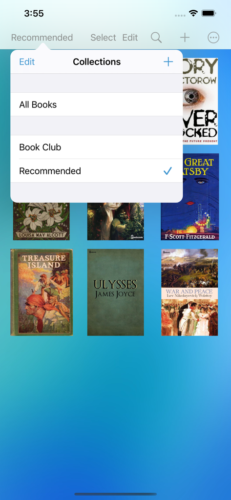 Bluefire Reader app interface showing the collections menu for organizing digital books