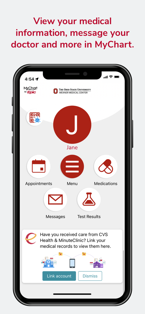 Ohio State MyHealth app MyChart interface showing icons for appointments medications and test results