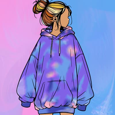 realistic girl with a oversized sweatshirt on and a bun