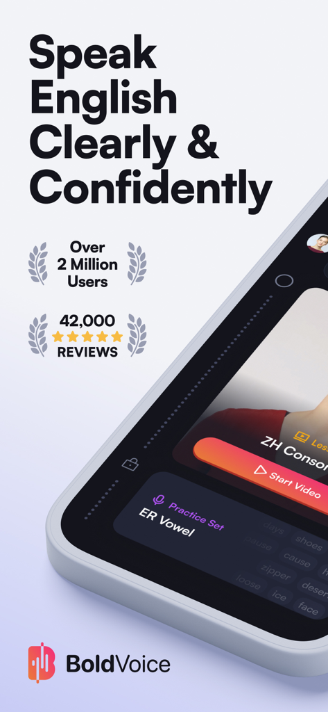 BoldVoice: Accent Training - BoldVoice app interface showing English pronunciation lessons and user review statistics