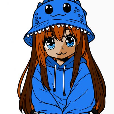 girl with anime shaped eyes with a dinosaur bucket hat oversized sweatshirt long straight hair