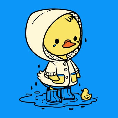 baby duck in a rain coat and boots, in a puddle while it’s raining