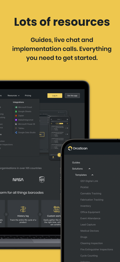 Barcode Scanner - Orca Scan - Orca Scan dashboard displaying support resources and cloud software integrations