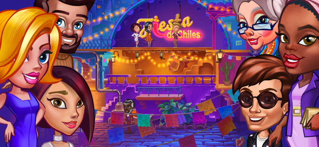 Cafe Dash: Dinner at the Diner - A group of diverse cartoon characters in front of a vibrant Mexican themed restaurant in Cafe Dash.