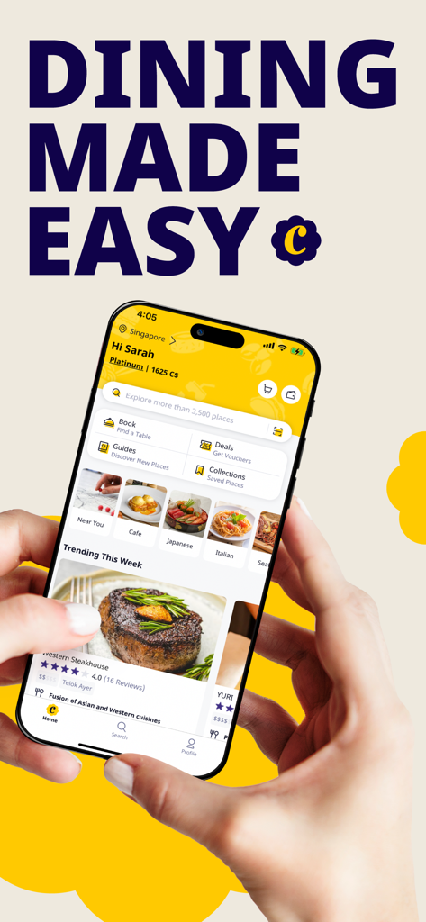 Chope - Dining Made Easy - A hand holding a smartphone showing the Chope app home screen with restaurant discovery and booking features
