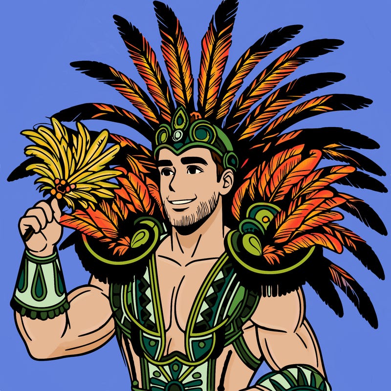 a realistic man  in the carnaval of rio with a carnival costume from brazil with feathers