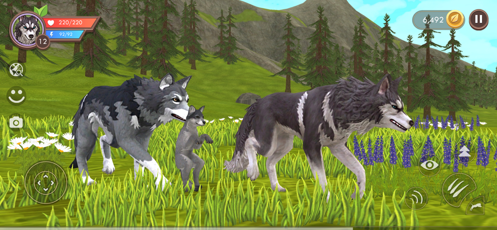 A family of wolves including two adults and a pup exploring a 3D wilderness field in WildCraft.