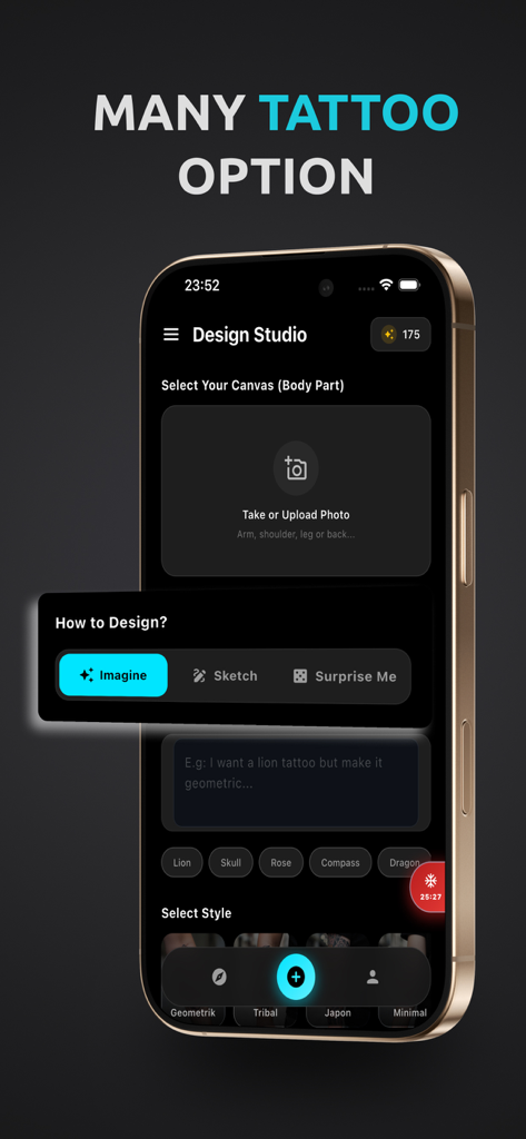 Oberfläche der AI Tattoo App, die Optionen für das Designstudio mit Auswahl des Körperteils und Eingabeaufforderungen für den Designstil anzeigt