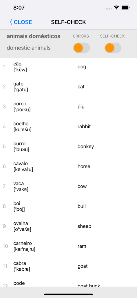 Learn Portuguese words with ST - Una lista de nombres de animales domésticos en portugués e inglés con pronunciaciones fonéticas en la aplicación