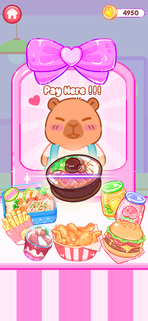 Cakeland: Mukbang ASMR - 귀여운 만화 카피바라 캐릭터가 계산대에서 버거와 감자튀김 같은 다양한 음식물이 있는 카와이 스타일의 모습