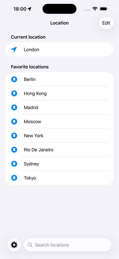 Lux - Sunrise and Sunset - Location management screen in the Lux app showing a list of favorite cities