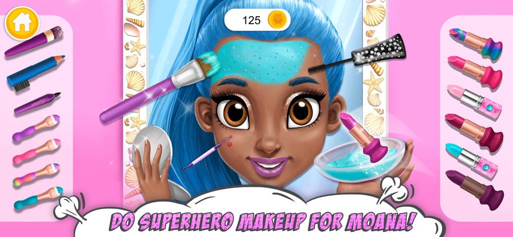 Superhero Moana character receiving a spa treatment and makeup