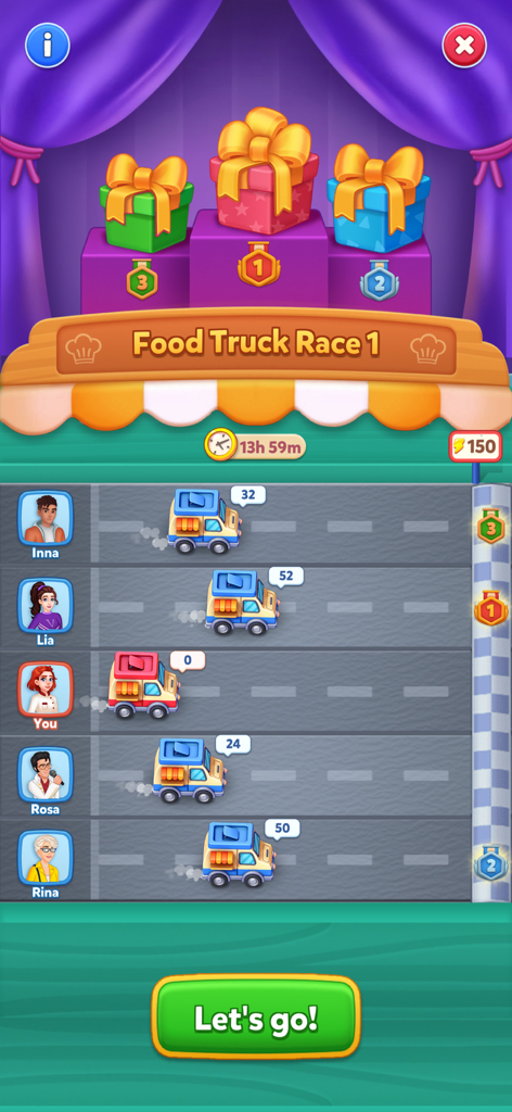 Merge Craze: Merge & Design - A leaderboard screen for the Food Truck Race event in the Merge Craze mobile game featuring food truck progress and reward boxes.