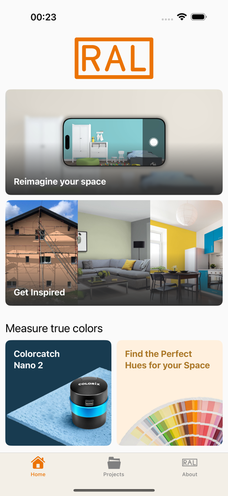 RAL iColours - RAL iColours app home screen showing interior design visualization and color matching tools