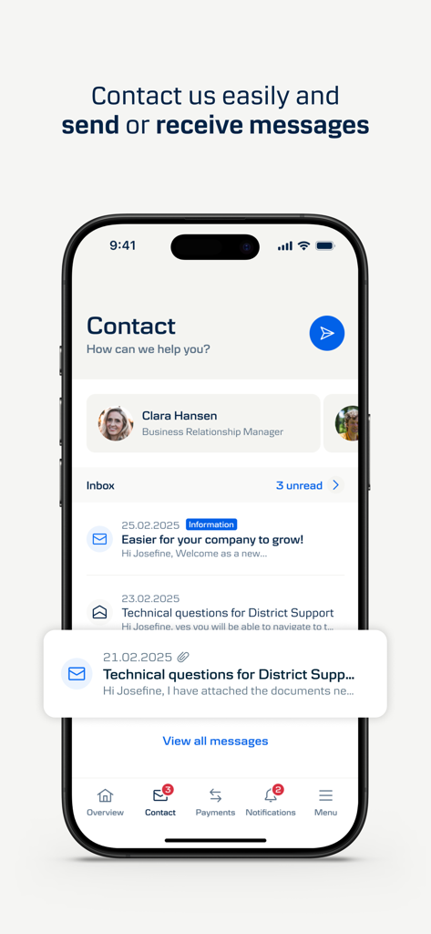Interface de l'application District Mobile affichant la section contact pour la messagerie sécurisée avec les gestionnaires de relations commerciales.