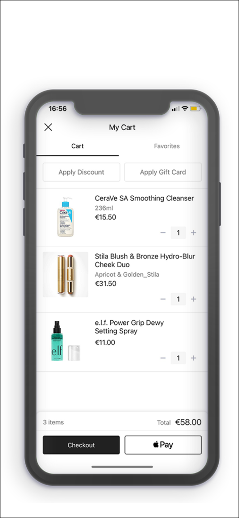 Cloud 10 Beauty - Interface do carrinho de compras no aplicativo Cloud 10 Beauty mostrando produtos como CeraVe e e.l.f com opções de checkout e Apple Pay