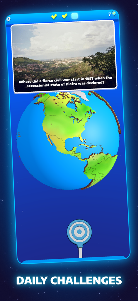 JordGlobe World Geography Game - Daily geography challenge screen in the JordGlobe app featuring a trivia question and a 3D globe