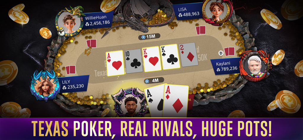 Lucky Bang: Online Casino - Una partida de Póker Texas en la aplicación de casino online Lucky Bang mostrando las cartas de los jugadores y los recuentos de fichas en una mesa virtual