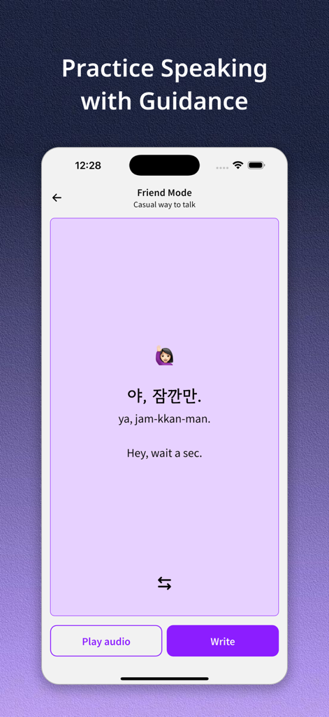 Koppa - Learn Korean - Interface do aplicativo Koppa para praticar frases coreanas casuais com opções de áudio e escrita