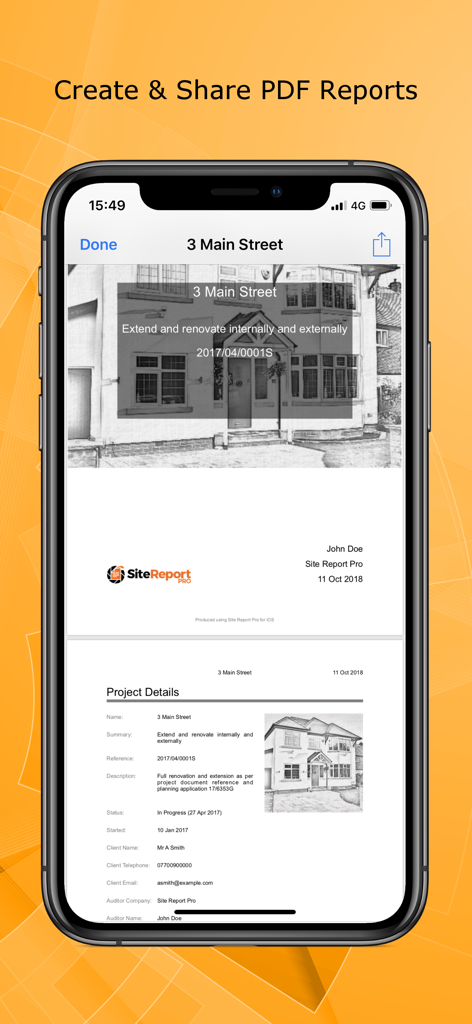A mobile interface showing a professional PDF site inspection report with project details and photos.