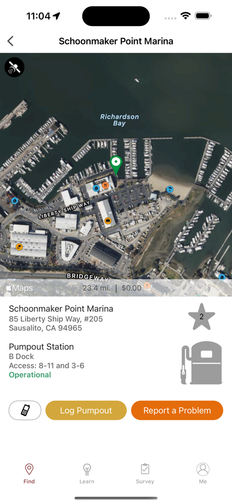 Pumpout Nav - Pumpout Nav app interface showing marina location and pumpout station operational status