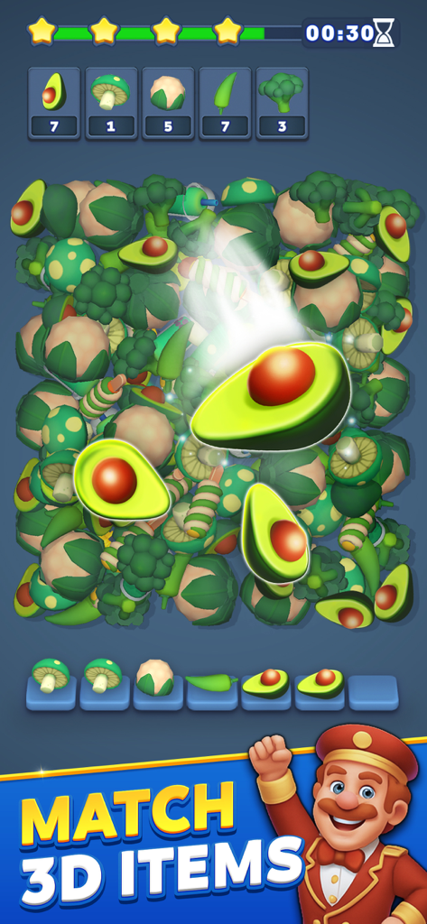 Match Hotel - 3D Puzzle Game - Match 3D items gameplay screen featuring vegetable matching and a friendly hotel bellman character